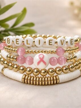 14K Gold Plated Custom Breast Cancer Awareness Bracelet Stack - Set of 5